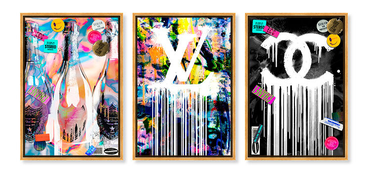 Wall art set of three fashion brand logos that look like dripping paint